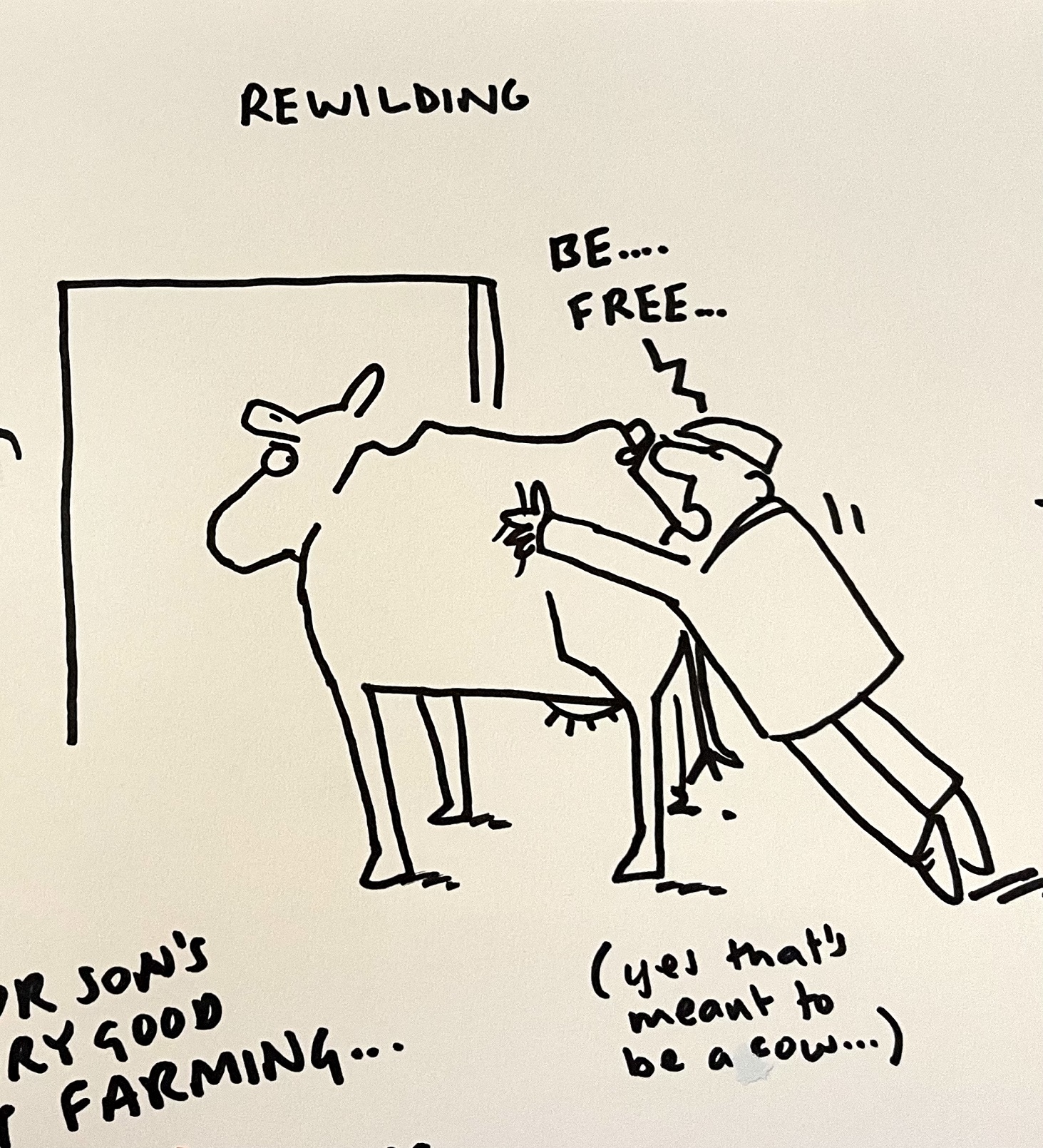 AgriLeader Forum 2023 cartoon with farmer pushing cow outside